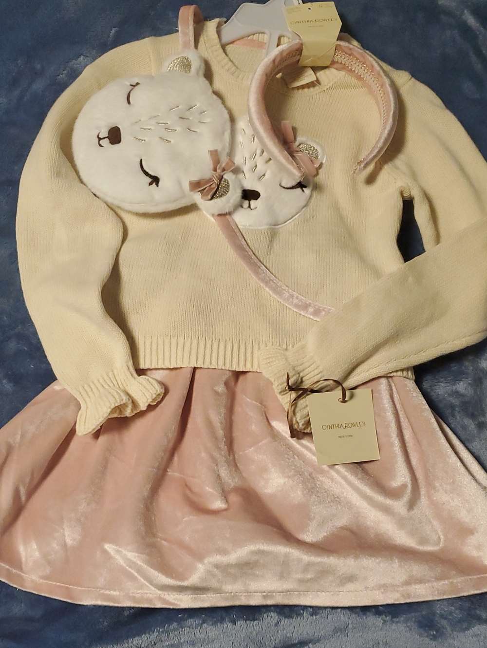 Cynthia Rowley Cream Sweater with Pink Velvet Skirt and Bear Appliqué